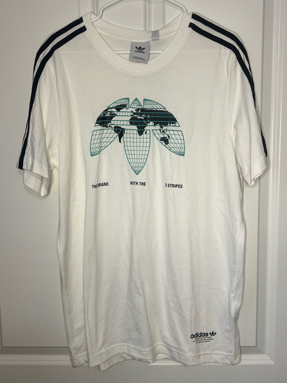 adidas White Tee with Black 3-Stripes and Green Globe Graphic